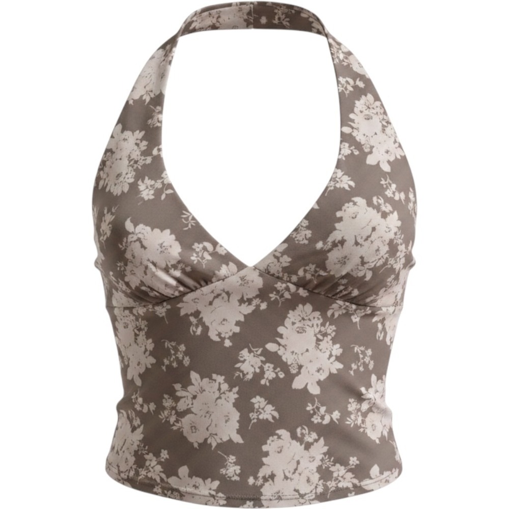 7DAY WKND Brown Floral Ruched‎ Bust V-Neck Halter Top Y2K Coquette Fairycore M